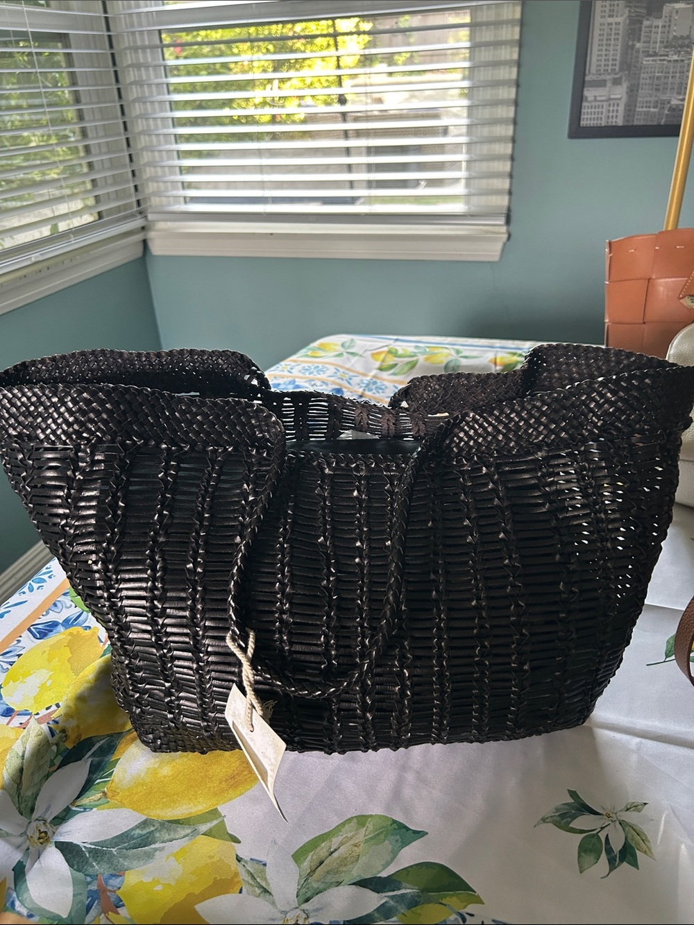 La Vie Black Woven Genuine Italian Leather Tote Bag with Top Handles and insert